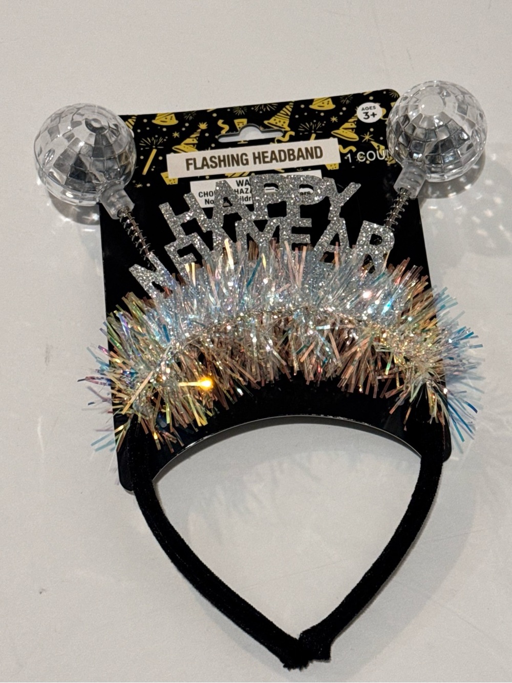 🌴 Flashing Happy New Year Headband - Silver Glitter